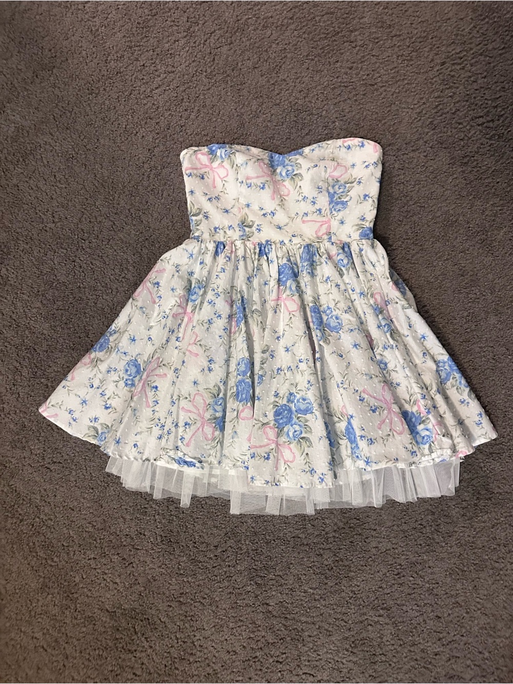 Altar'd State White Strapless Floral Dress with Blue Roses & Pink Bows